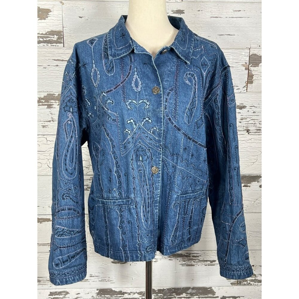 CHICO'S DESIGN Embroidered Jean Jacket Blue Sz XL EUC